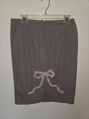 Rebecca Taylor Gray Plaid Pencil Skirt w Pink Bow Accent Back Lightweight 10